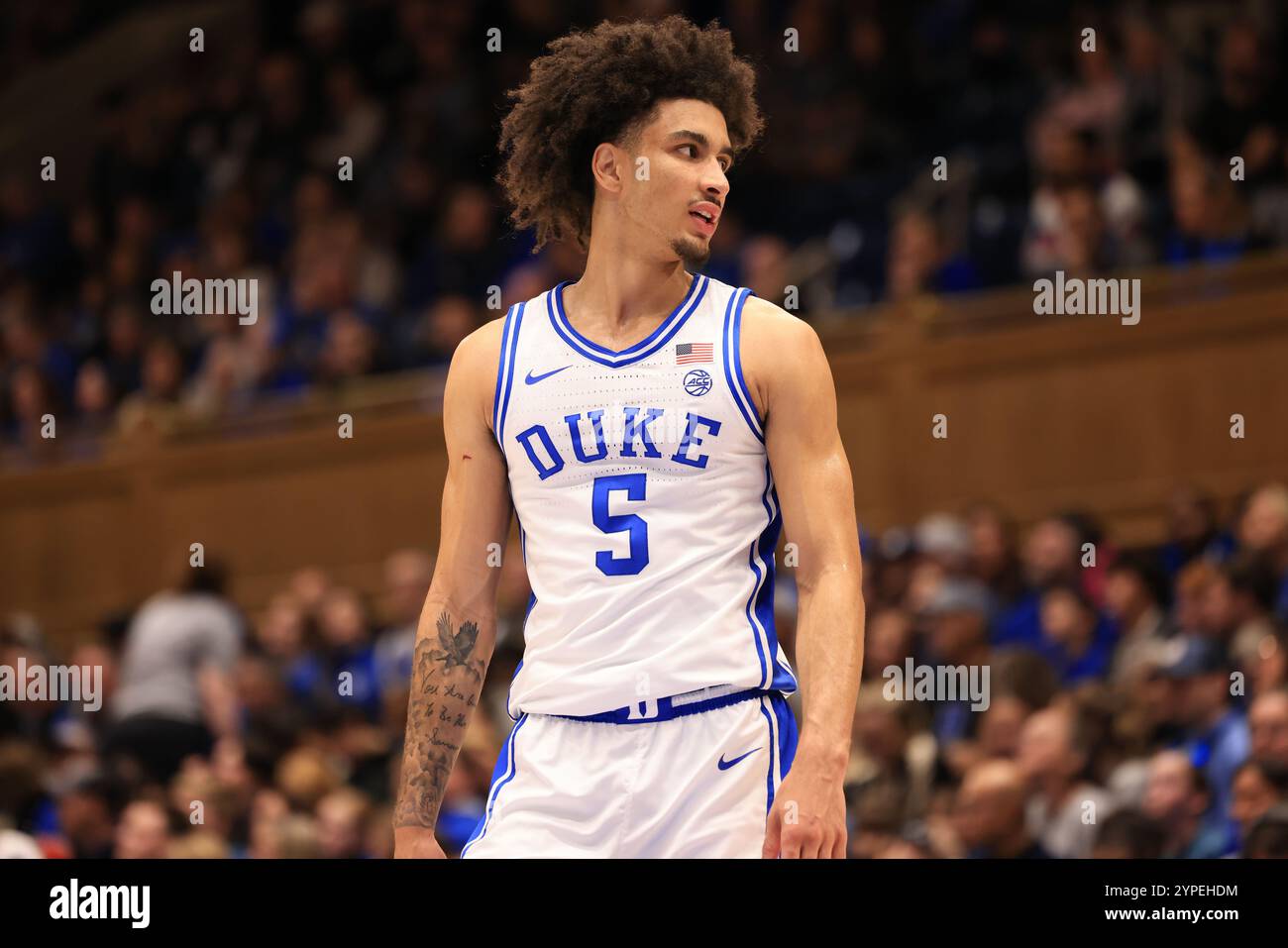 Durham, Carolina del Nord, Stati Uniti. 29 novembre 2024. Duke Blue Devils guardia Tyrese Proctor (5) in campo durante la partita di pallacanestro NCAA tra Seattle Redhawks e Duke Blue Devils al Cameron Indoor Stadium di Durham, North Carolina. Greg Atkins/CSM/Alamy Live News Foto Stock