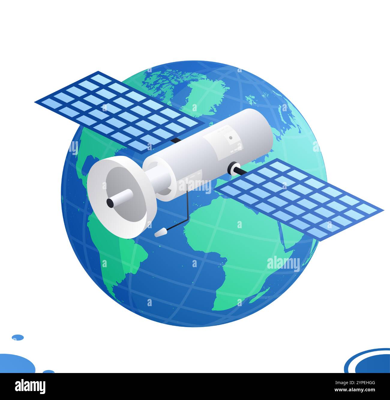 Il satellite di comunicazione isometrico con antenna vola in orbita intorno al mondo. Oggetti isolati sul bianco. Illustrazione vettoriale. Tecnologia wireless. Illustrazione Vettoriale