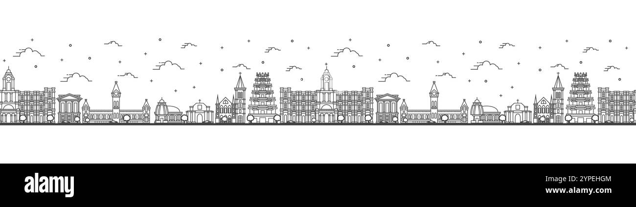 Motivo senza cuciture con profilo Chennai India City Skyline con edifici storici isolati sul bianco. Illustrazione vettoriale. Paesaggio urbano di Chennai. Illustrazione Vettoriale