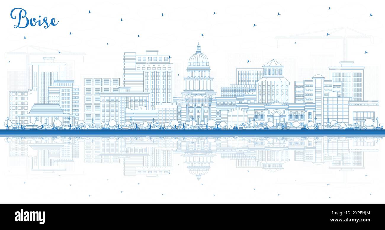 Delinea lo skyline della città di Boise, Idaho, con edifici e riflessi blu. Illustrazione vettoriale. Paesaggio urbano di Boise USA con monumenti storici. Illustrazione Vettoriale