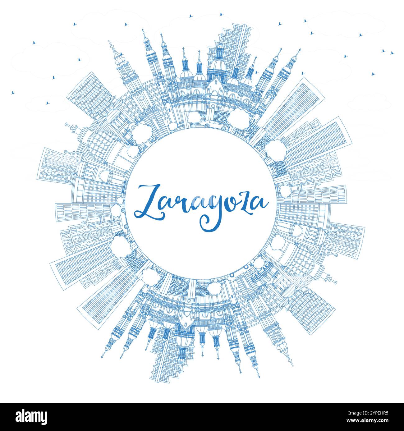 Delinea lo skyline della città di Saragozza in Spagna con edifici blu e spazio copia. Illustrazione vettoriale. Paesaggio urbano di Saragozza con monumenti storici. Illustrazione Vettoriale