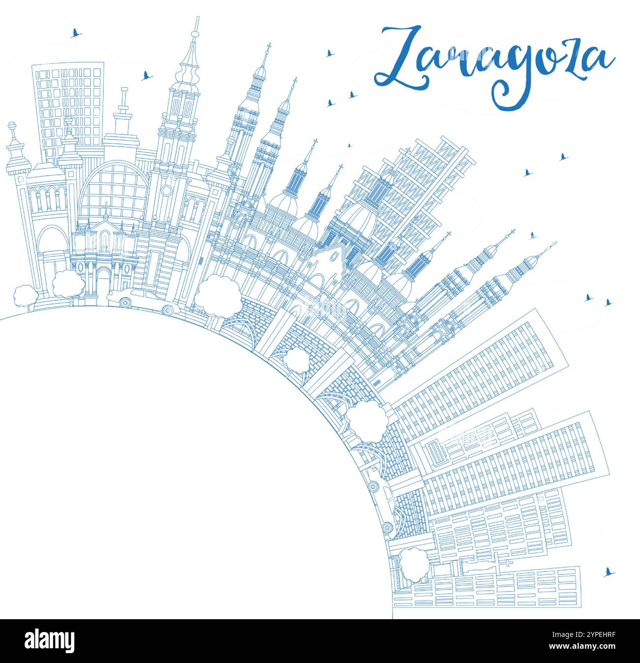 Delinea lo skyline della città di Spagna con edifici blu e spazio copia. Illustrazione vettoriale. Paesaggio urbano di Saragozza con monumenti storici. Illustrazione Vettoriale