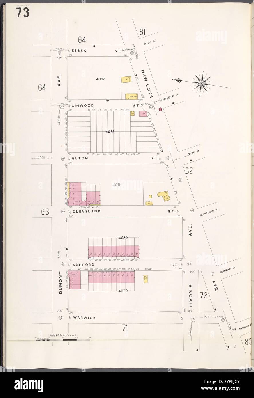 Brooklyn V. 8, Plate No. 73 [Mappa delimitata da Essex St., New Lots Ave., Warwick St., Dumont Ave.] 1884 - 1936 Foto Stock
