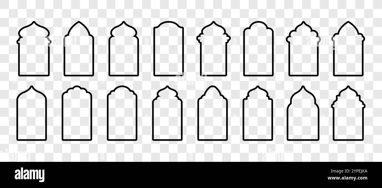 Finestre ad arco islamico. Architettura indiana. Silhouette della porta araba nera. Telai Ramadan kareem. Illustrazione vettoriale tradizionale Illustrazione Vettoriale
