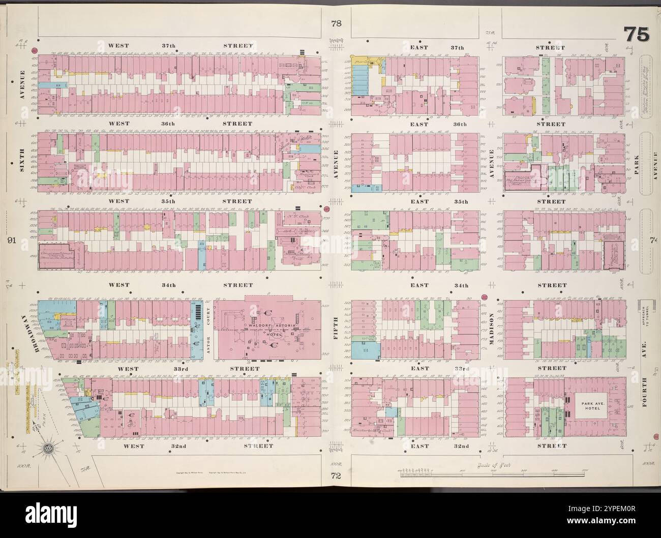 Manhattan, V. 4, Double Page Plate No. 75 [Mappa delimitata da West 37th St., 4th Ave., East 32nd St., West 32nd St., Broadway, 6th Ave.] 1899 Foto Stock