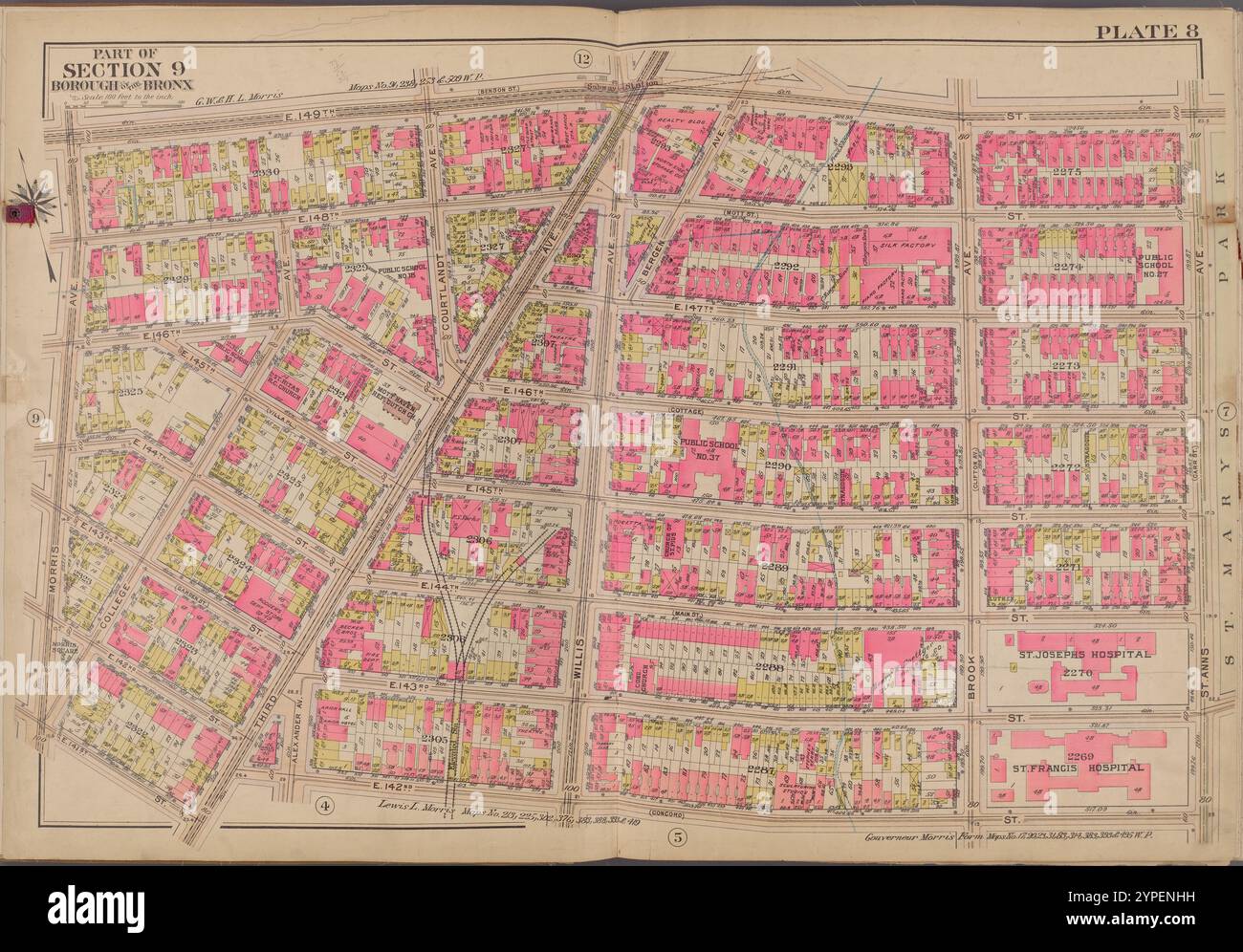 Placca 8 [Mappa delimitata da E. 149th St., St. Anns. Ave., E. 142nd St., Morris Ave.] 1911 di Bromley, George Washington Foto Stock