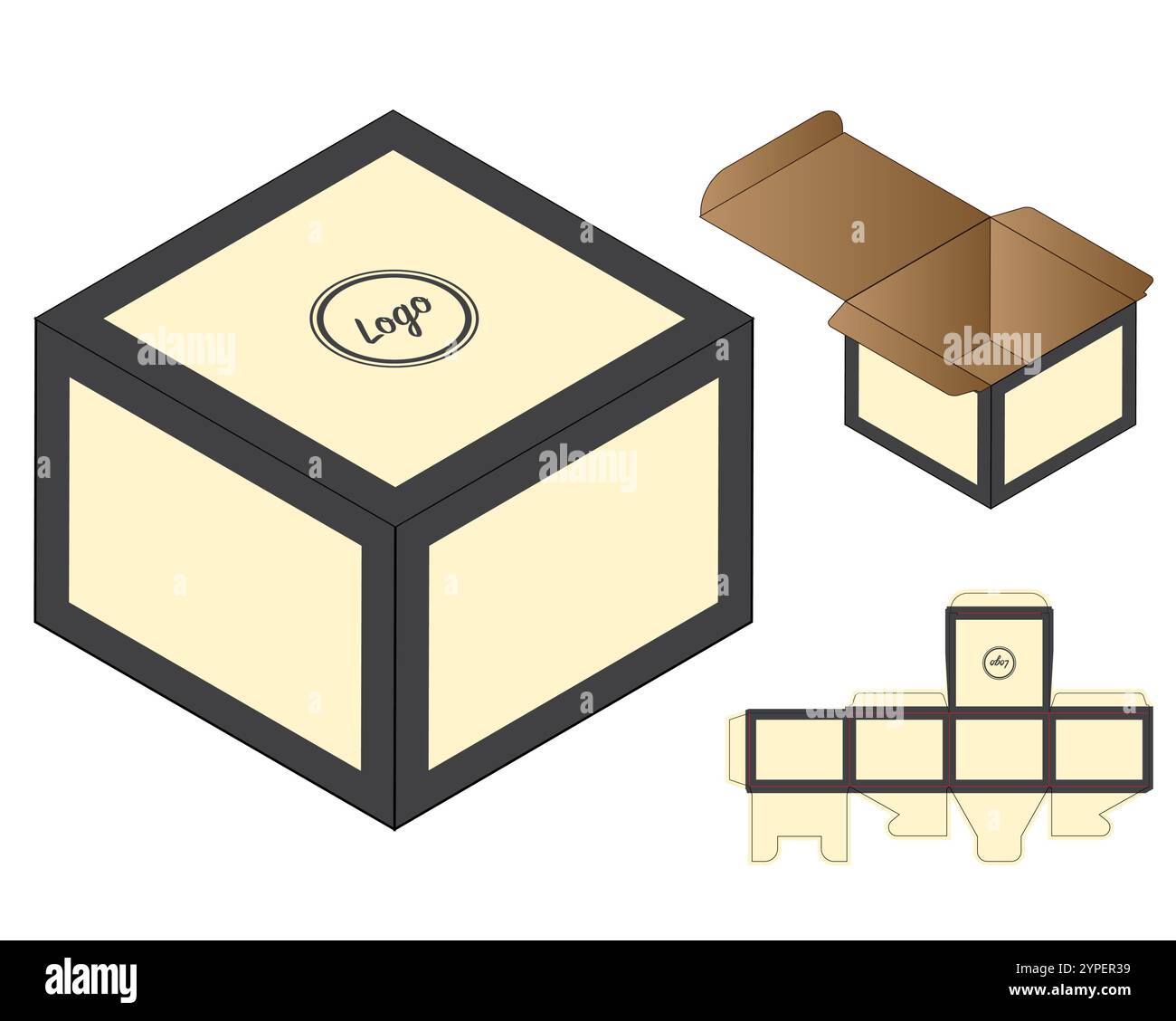 Imballaggio in scatole fustellate progettazione del modello. 3d mock-up Illustrazione Vettoriale