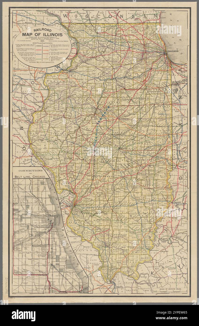 Mappa ferroviaria dell'Illinois, 1891 1891 dall'Illinois. Commissione ferroviaria e magazzino Foto Stock