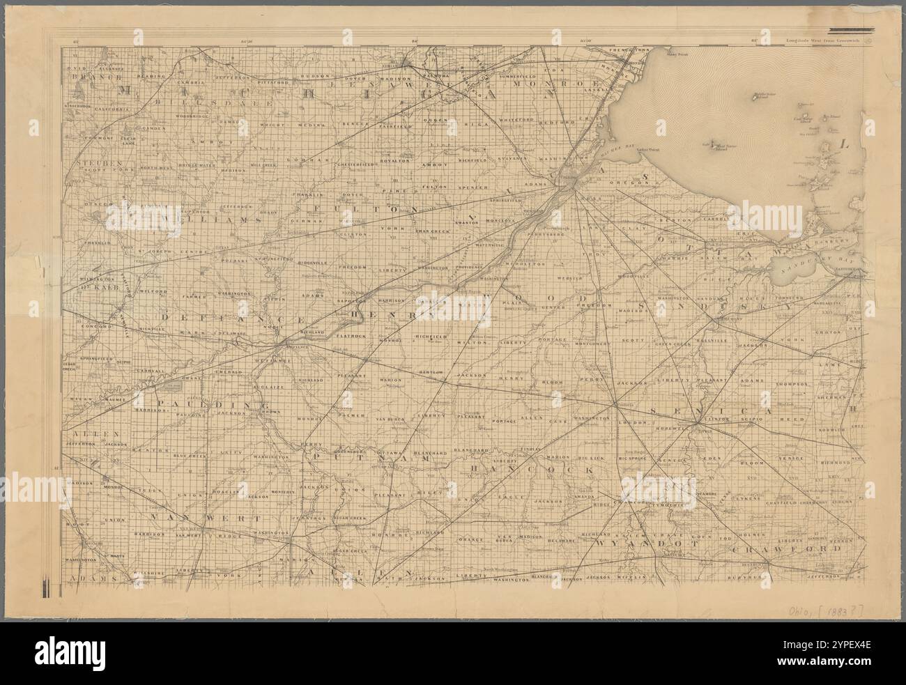 Sezione nordoccidentale di una mappa dello stato dell'Ohio 1883 Foto Stock