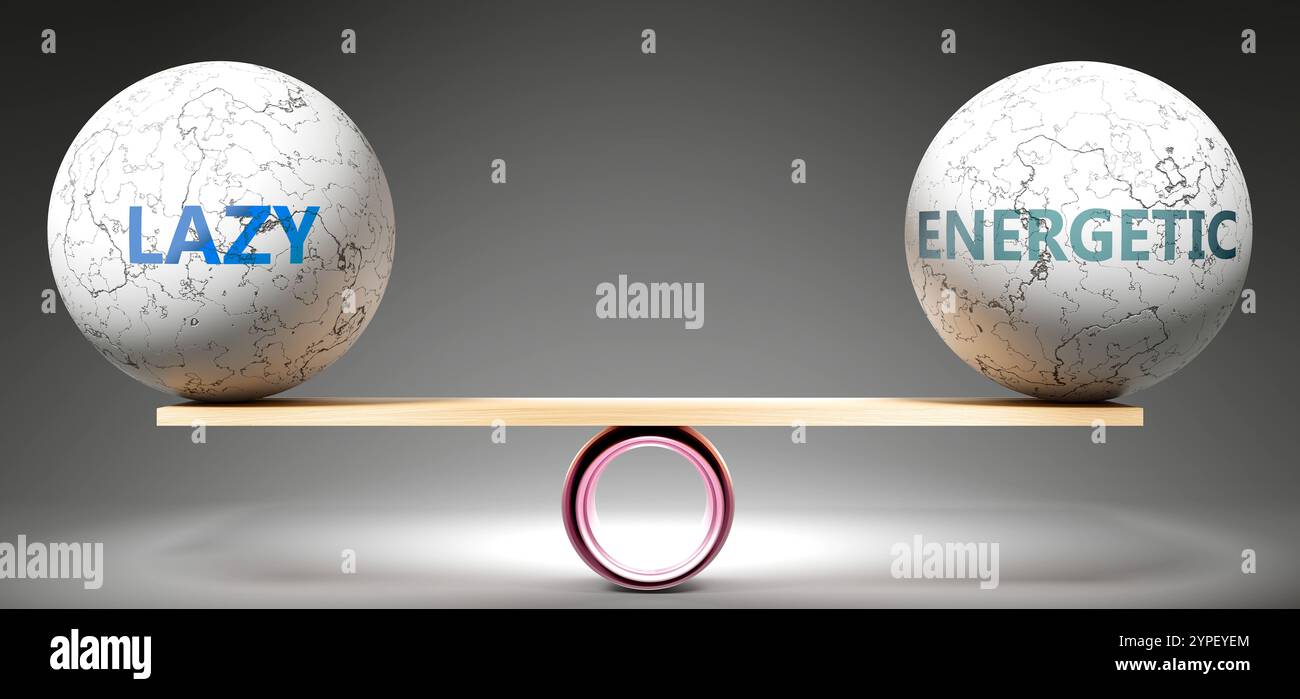 Pigro ed energico in equilibrio. Una metafora che mostra Lazy in equilibrio con energico, simboleggiando un'armonia desiderata tra di loro. Stabilità. Harmoniou Foto Stock