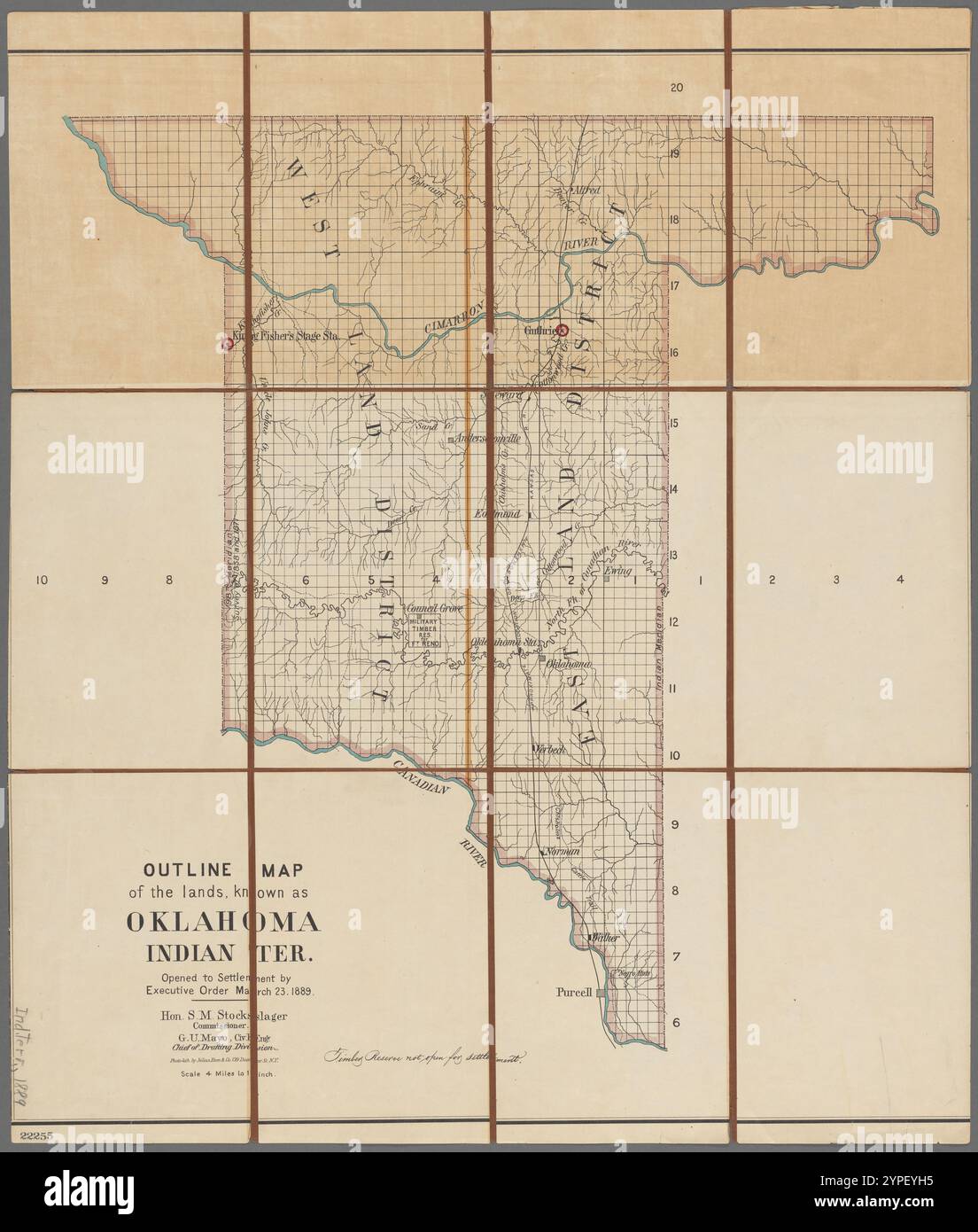 Mappa delle terre conosciute come Oklahoma, Indian ter. : Aperto al Settlement da Executive Order 23 marzo 1889 1889 dagli Stati Uniti. Ufficio generale del territorio. Divisione disegno Foto Stock