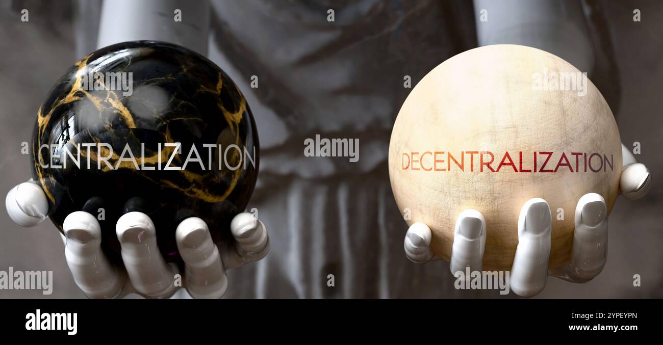 Centralizzazione o decentramento - decidere tra due opzioni. Statua greca che presenta una scelta: Centralizzazione o decentralizzazione, pesando la loro Foto Stock