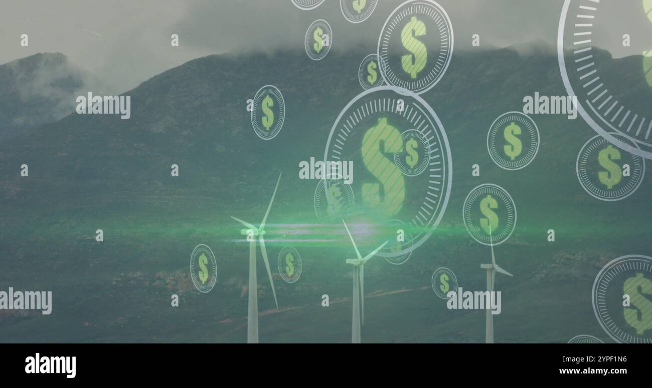 Turbine eoliche che generano energia rinnovabile con l'immagine del dollaro sulle montagne Foto Stock