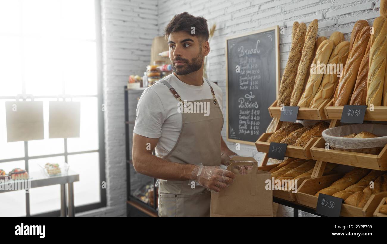 Giovane ispanico con la barba nel negozio di panetteria al coperto che tiene un sacchetto di carta vicino a scaffali di pane e dolci. Foto Stock