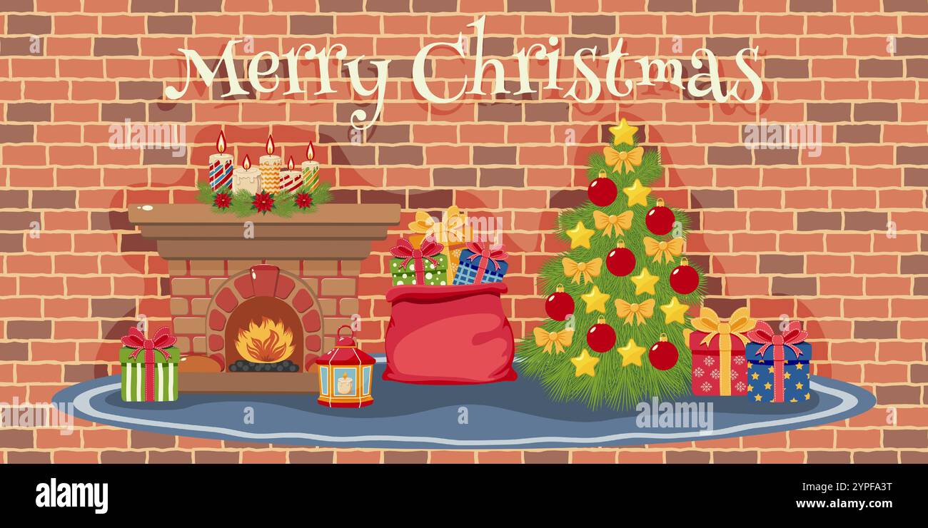 Camino di Natale con albero decorato, regali e candele su sfondo di una parete di mattoni. Illustrazione delle festività. Concetto di festa di Natale per Illustrazione Vettoriale