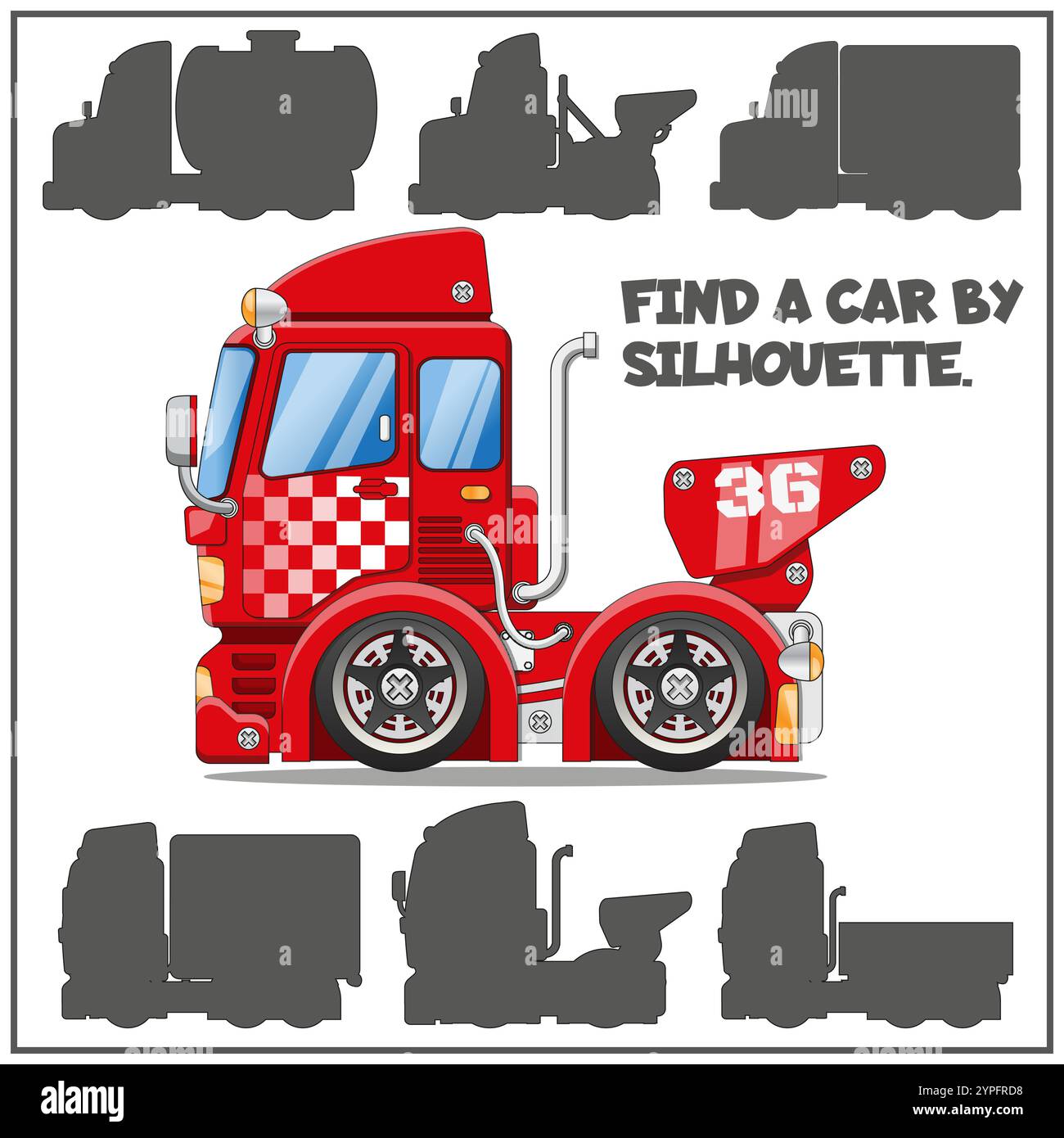 Gioco per bambini, puzzle. Cerca un'auto per silhouette. Isolato su sfondo bianco. Illustrazione vettoriale. Illustrazione Vettoriale