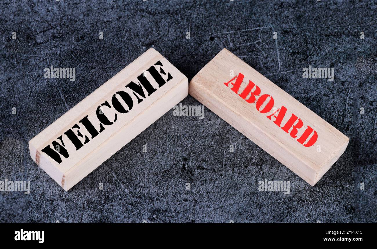Benvenuto a bordo, Symbol. Parole concettuali benvenuto a bordo su uno splendido sfondo grigio. Splendido sfondo grigio. Benvenuto motivazionale e professionale a bordo Foto Stock