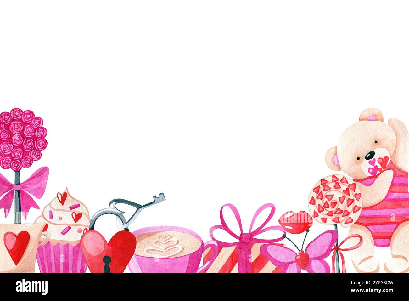 Illustrazione del bordo dell'acquerello di San Valentino. Cornice natalizia con orso carino, lecca lecca, confezione regalo, cupcake, serratura a forma di cuore e chiave, farfalla. Foto Stock