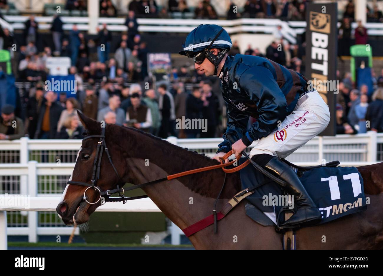 Newcastle, Regno Unito, sabato 30 novembre 2024; Frero Banbou e il fantino Ned Fox vincono la BetMGM Rehearsal handicap Chase per la addestratrice Venetia Williams e il proprietario Mr P. Davies. Crediti JTW equine Images / Alamy. Foto Stock