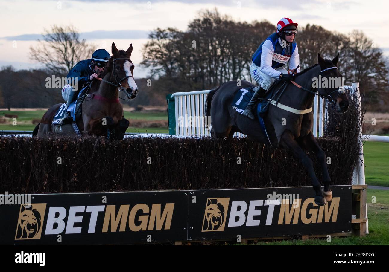 Newcastle, Regno Unito, sabato 30 novembre 2024; Frero Banbou e il fantino Ned Fox vincono la BetMGM Rehearsal handicap Chase per la addestratrice Venetia Williams e il proprietario Mr P. Davies. Crediti JTW equine Images / Alamy. Foto Stock