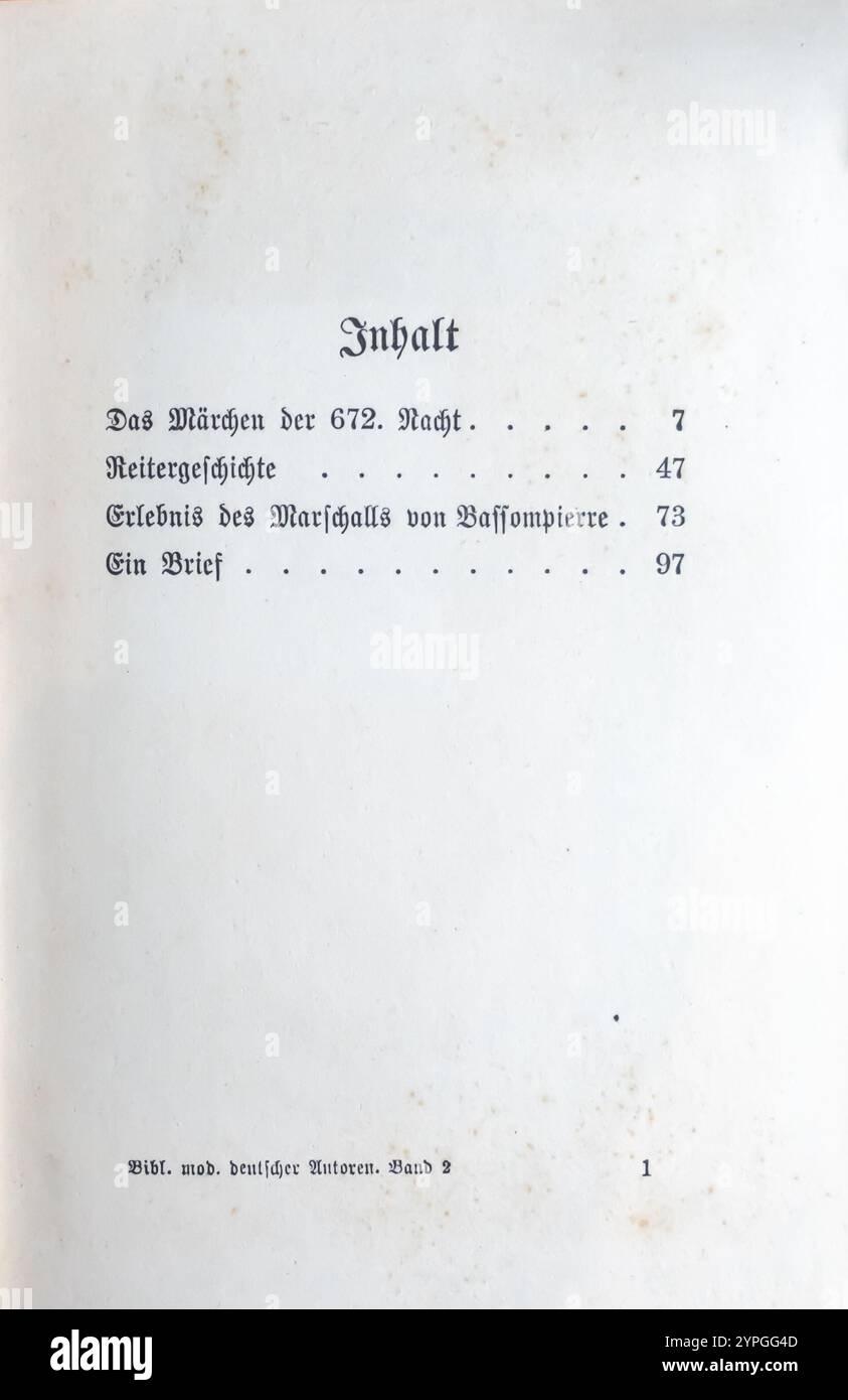 Sommario - Hugo von Hofmannsthal, Das Märchen der 672. Nacht und andere Erzählungen. Bibliothek moderner deutscher Autoren, Wiener Verlag, 1905 Foto Stock
