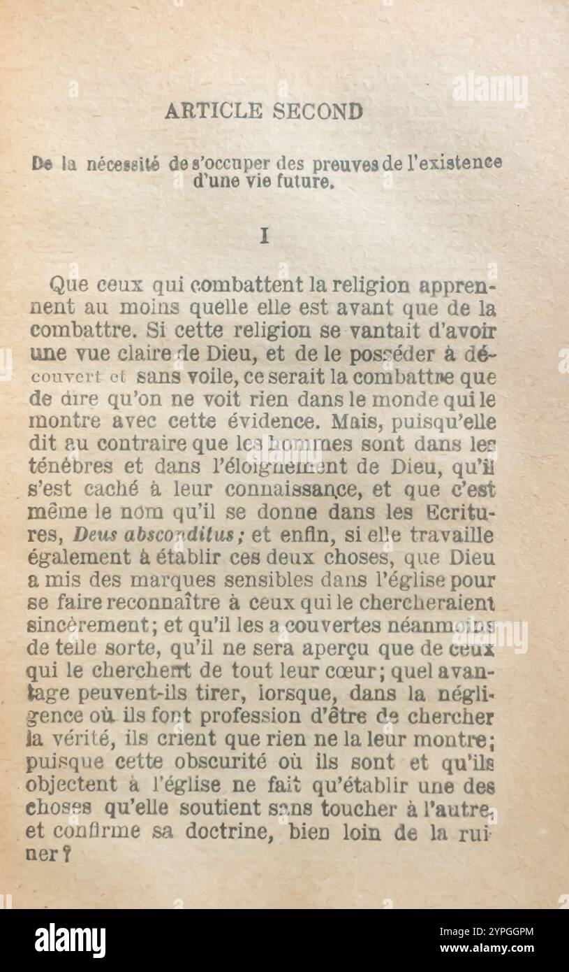 Articolo secondo - Pensees De Blaise Pascal - avec les notes de Voltaire - Librairie de la bibliotheque nationale - parigi, Francia - 1896 Foto Stock