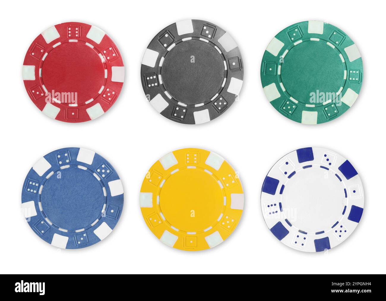Diverse chip del casinò isolate su bianco, set Foto Stock