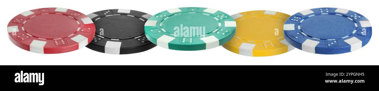 Diverse chip del casinò isolate su bianco, set Foto Stock