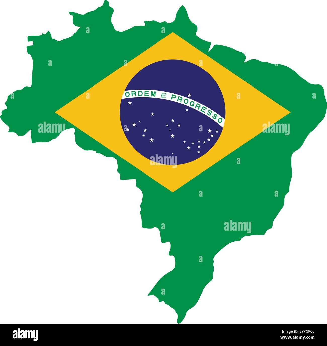 Contorno della mappa del Brasile sullo sfondo della bandiera nazionale Illustrazione Vettoriale
