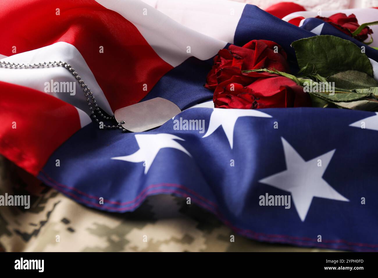 Giornata dei veterani. Gettone dell'esercito, bandiera americana, rose e uniforme militare, primo piano Foto Stock