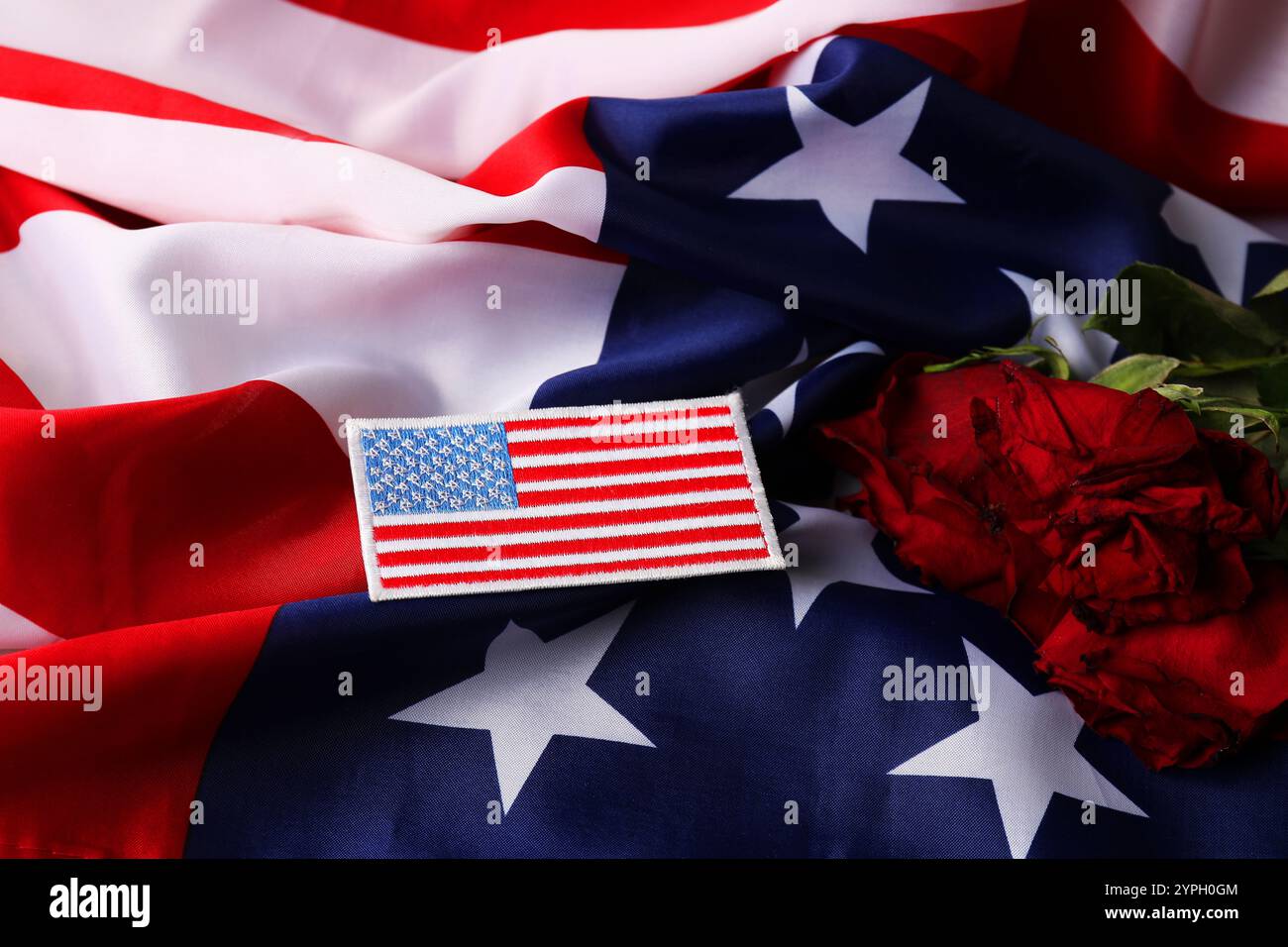 Giornata dei veterani. Campo dell'esercito degli Stati Uniti, bandiera americana e rose, primo piano Foto Stock