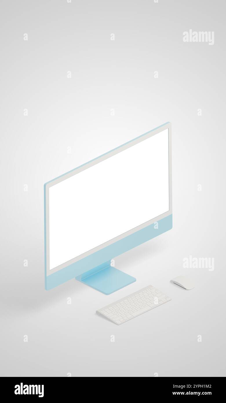 Display isometrico per computer con schermo isolato, progettato per mostrare modelli creativi, app versatili e layout puliti in un contesto moderno Foto Stock