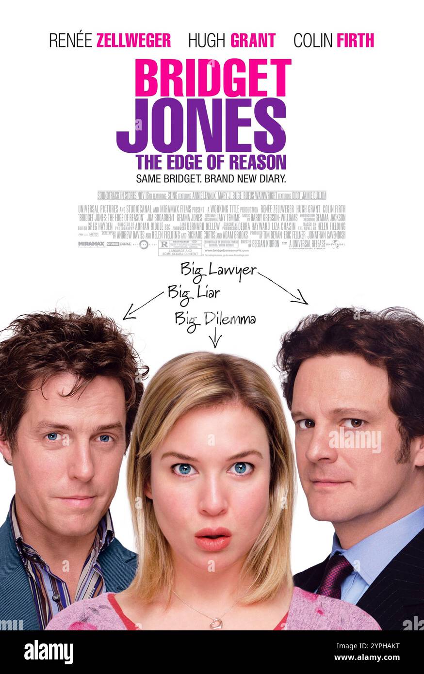 Bridget Jones: The Edge of Reason (2004) diretto da Beeban Kidron e interpretato da Renée Zellweger, Hugh Grant e Colin Firth. Bridget Jones torna a navigare la sua relazione con Mark Darcy, mentre ha a che fare con l'affascinante ma inaffidabile Daniel Cleaver. Fotografia di un poster originale del 2004 USA a un foglio SOLO PER USO EDITORIALE. Crediti: BFA / Universal Pictures Foto Stock