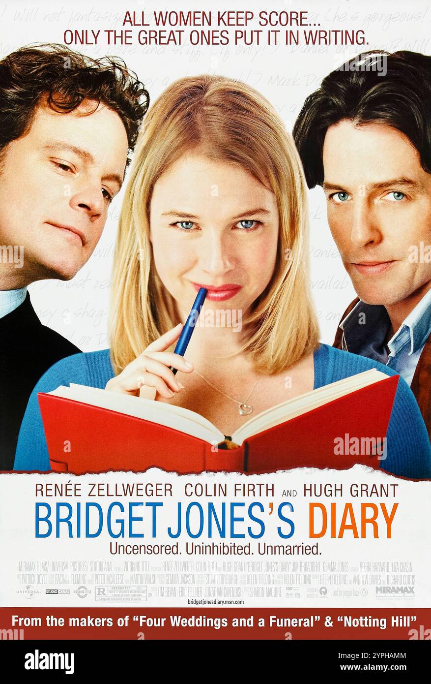 Diario di Bridget Jones (2001) diretto da Sharon Maguire e interpretato da Renée Zellweger, Colin Firth e Hugh Grant. Un anno nella vita di una donna britannica di trent'anni che decide di prendere il controllo della sua vita attraverso un diario, giocolando due uomini molto diversi. Fotografia di un poster originale del 2001 USA a un foglio SOLO PER USO EDITORIALE. Crediti: BFA / Miramax Films Foto Stock