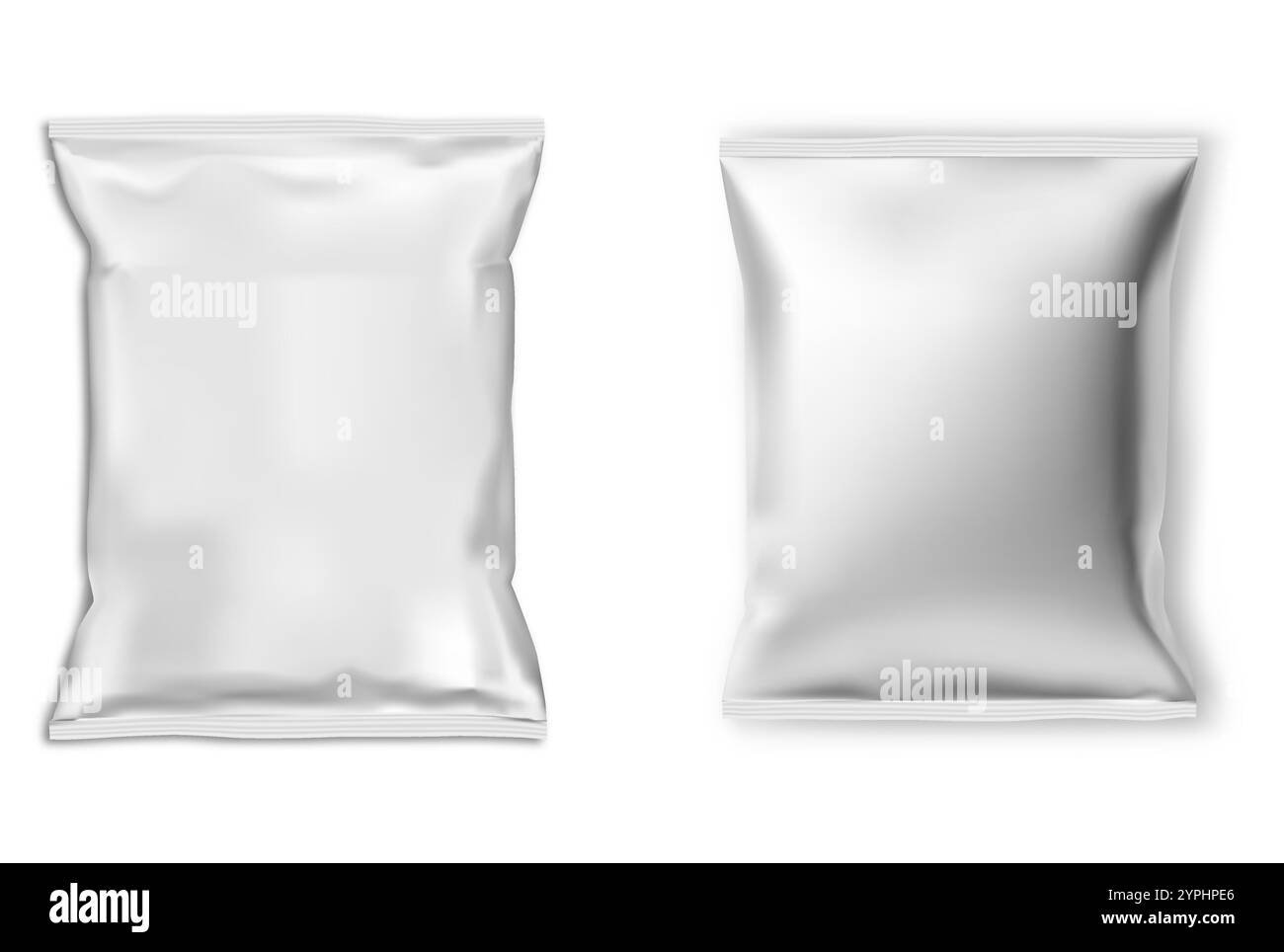 Bianco vettoriale per sacchetti di plastica per alimenti. Illustrazione del design del pacchetto snack. Sacchetto di cuscini in lamina di patatine fritte. Confezione rettangolare lucida per zuppa o cioccolato, con m Illustrazione Vettoriale