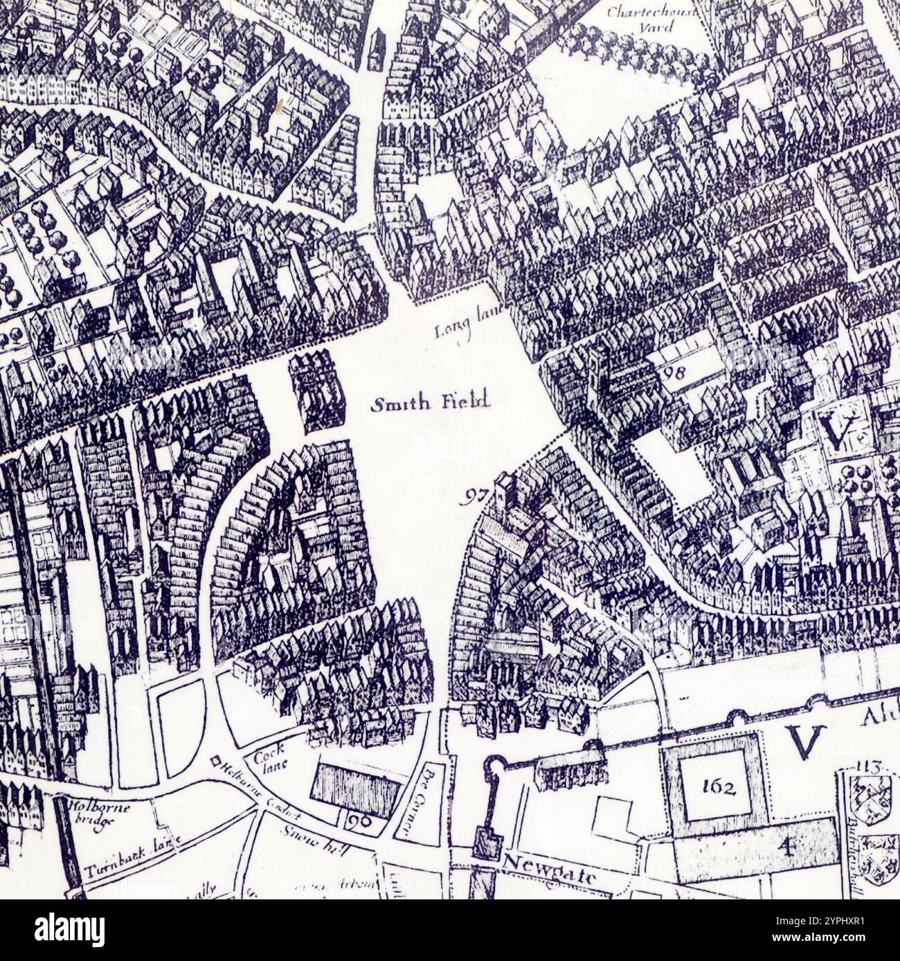 Archivio storico delle mappe, illustrazione d'archivio di Smith Field, case e strade della zona di Long Lane West Smithfield a Londra, Inghilterra, Regno Unito Foto Stock