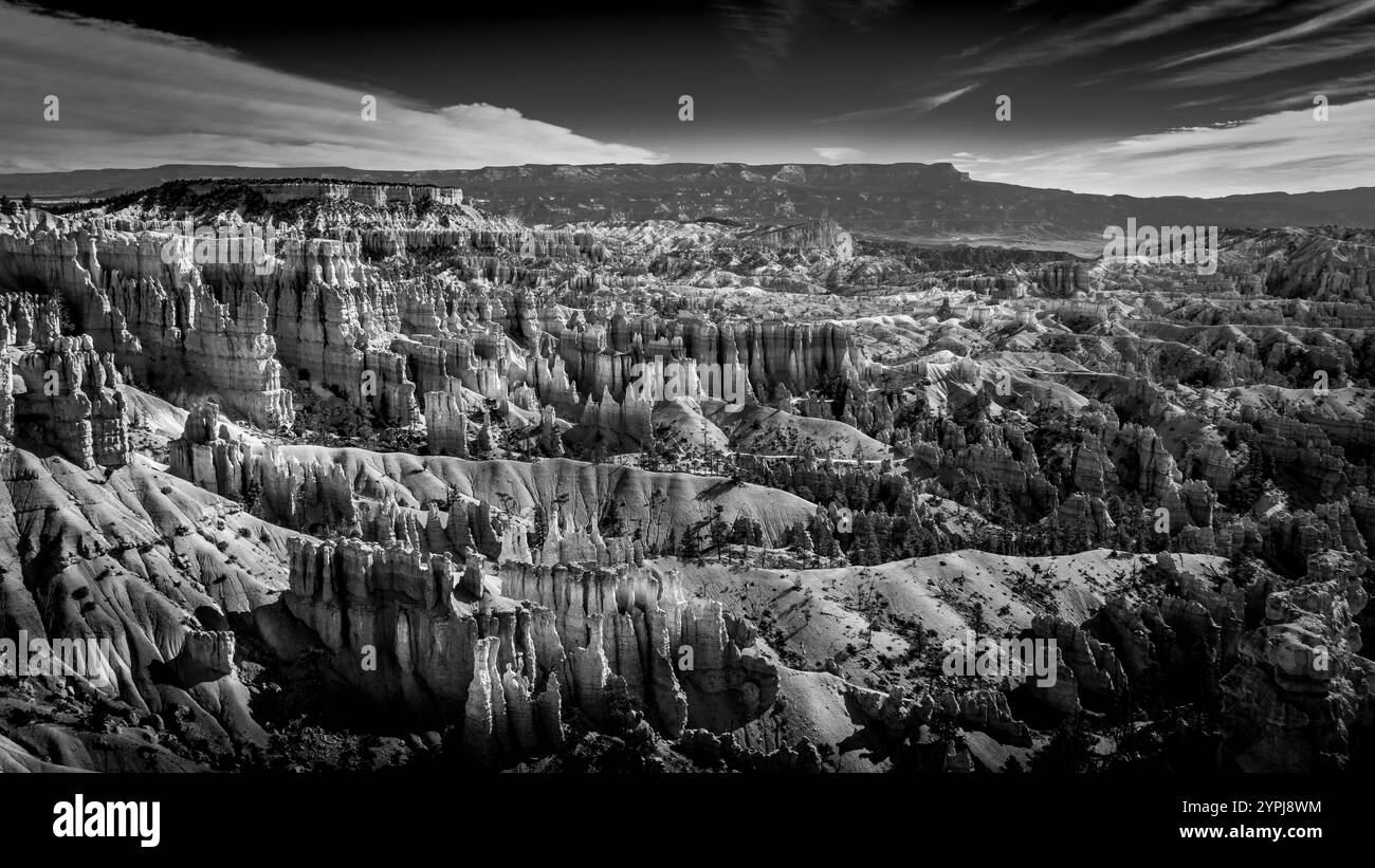 Immagine BW del Queens Garden Trail nel Bryce Canyon National Park, Utah. Il sentiero presenta una mostra mozzafiato dei numerosi pinnacoli e canyon. Foto Stock