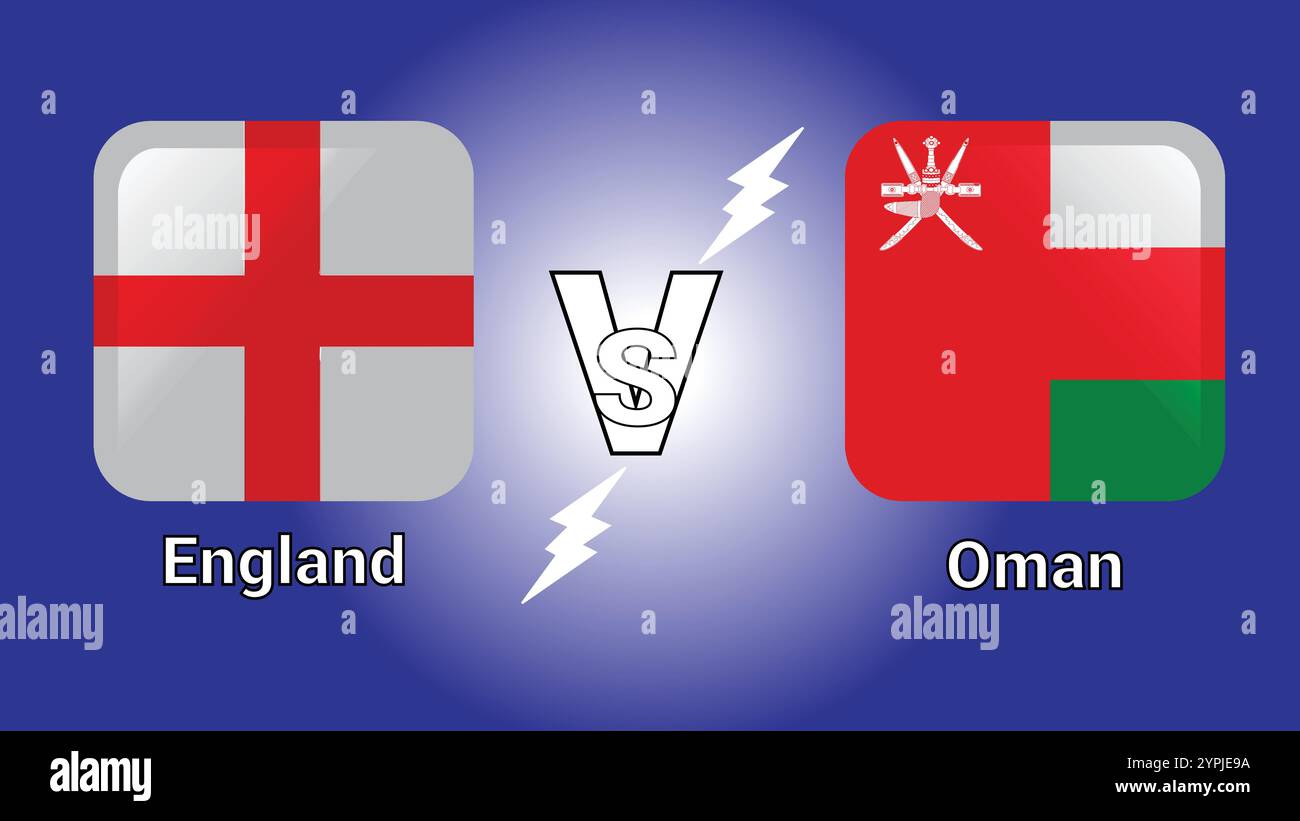 England vs Oman 3D Illustration Vector Flags in rettangolo ombreggiato e arrotondato con Flash vs Match Illustrazione Vettoriale