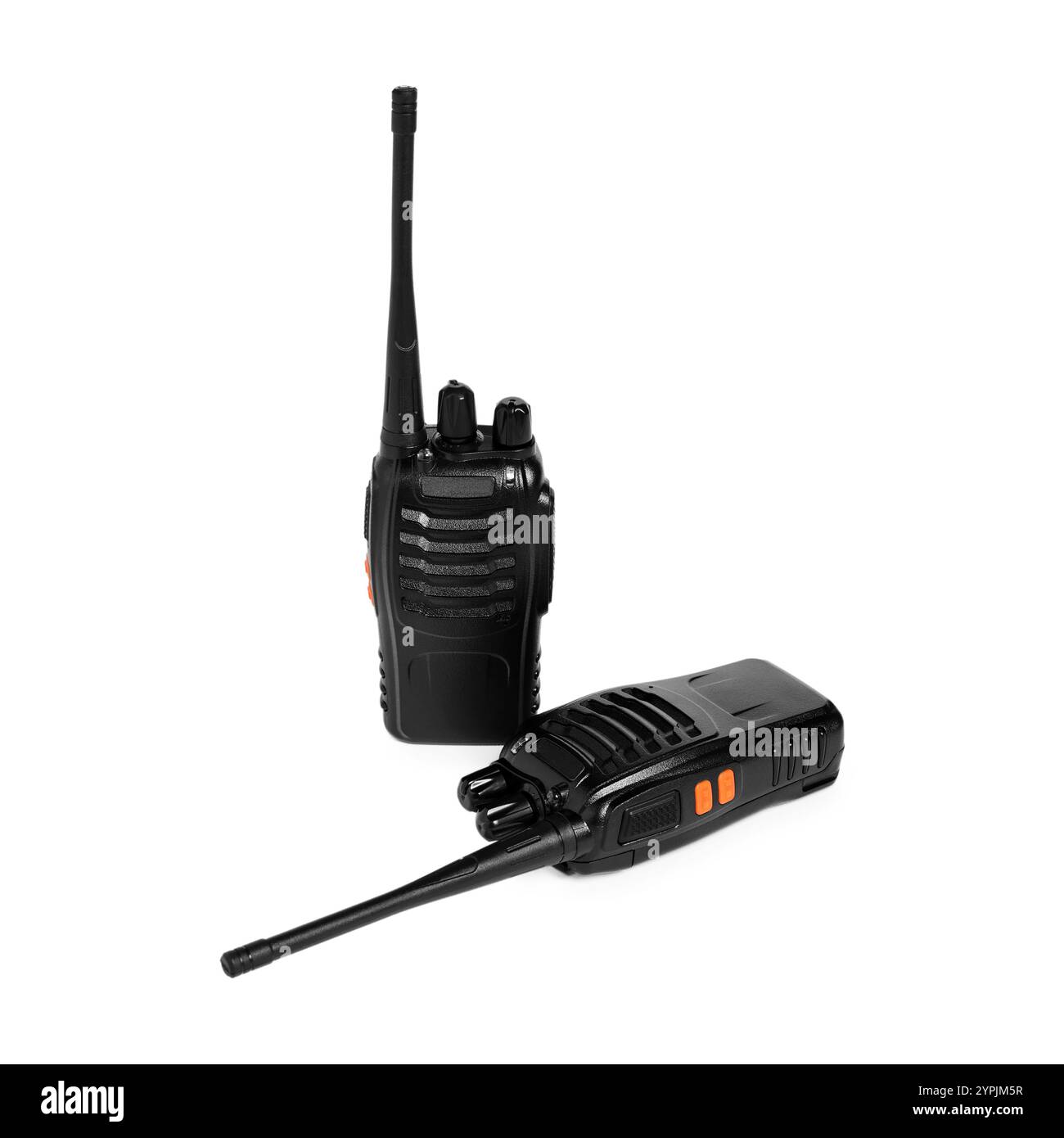 Due walkie talkie neri isolati sul bianco Foto Stock