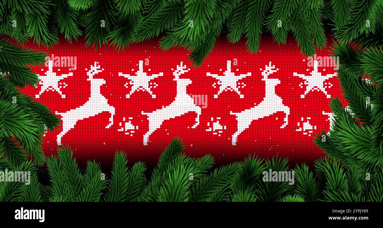 Lo sfondo delle festività natalizie presenta un motivo a maglia con renne e fiocchi di neve Foto Stock