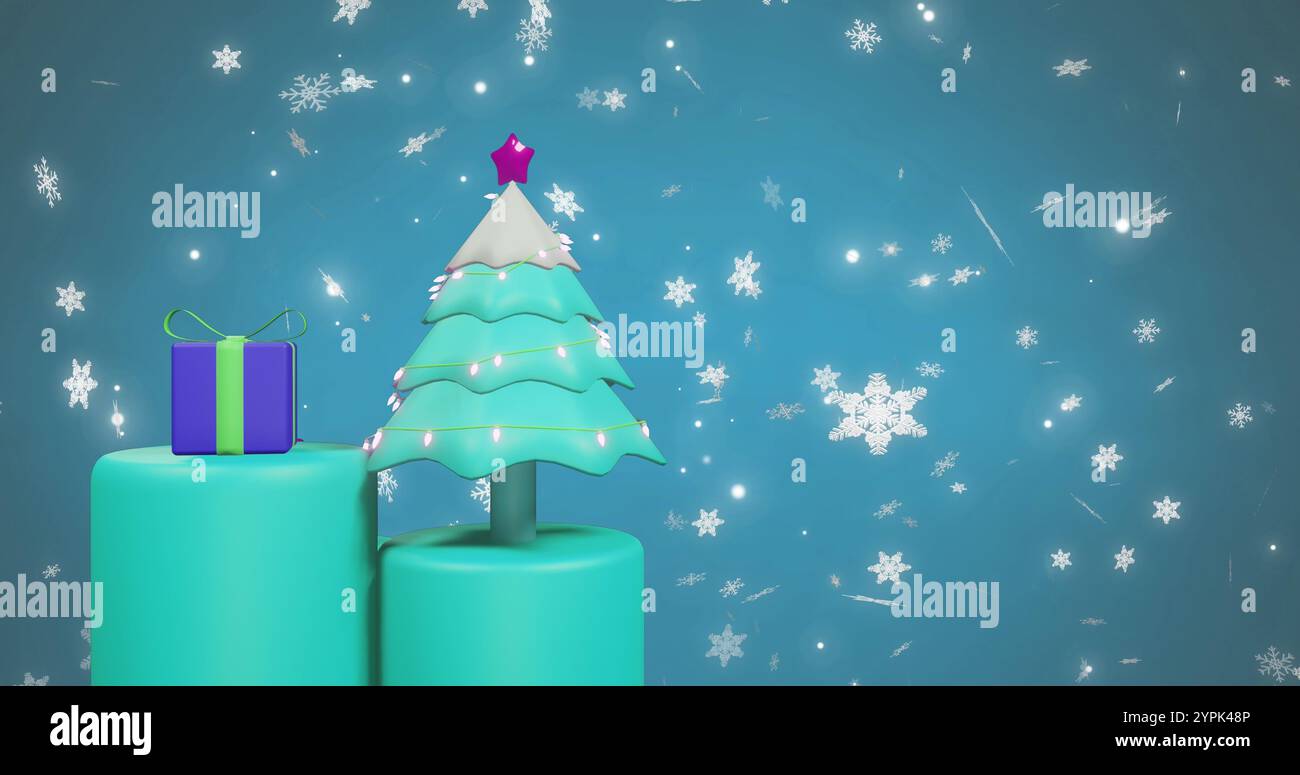 Animazione 3D festosa di un albero di Natale e regali Foto Stock