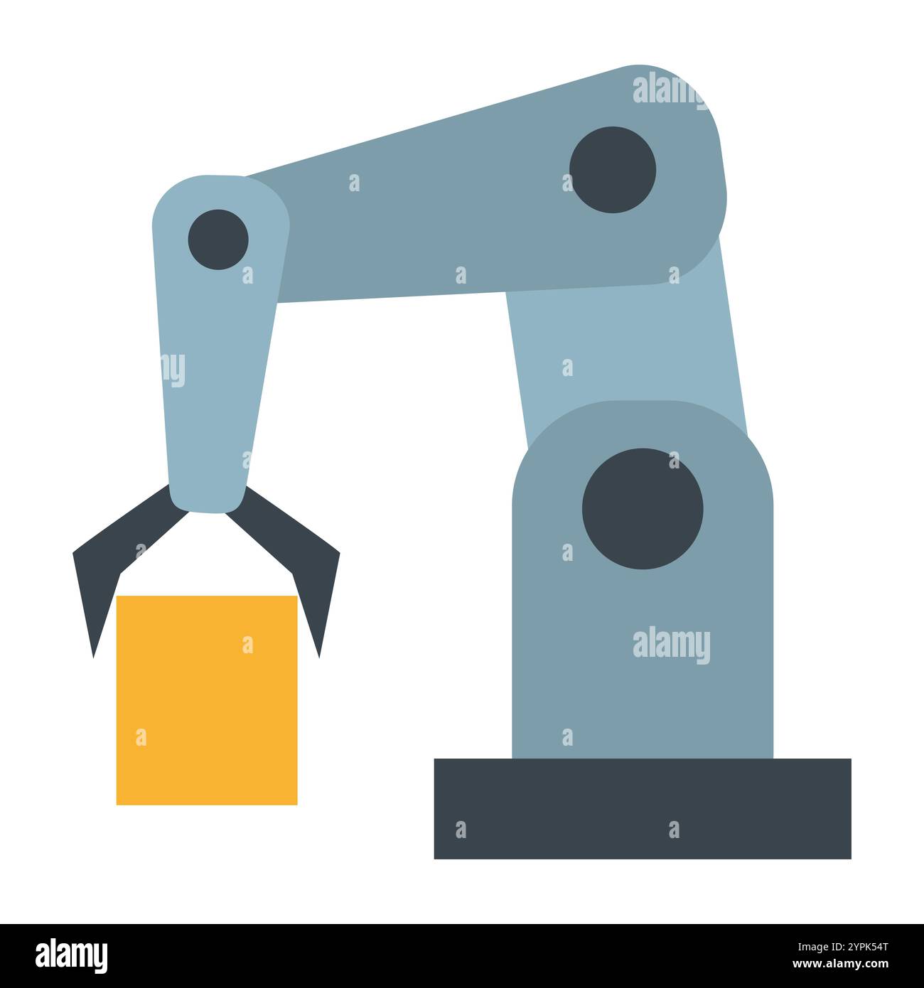 Braccio robotizzato con una pinza che regge un blocco giallo, simboleggiando l'automazione e la tecnologia. Ideale per la robotica, la produzione e i temi industriali Illustrazione Vettoriale