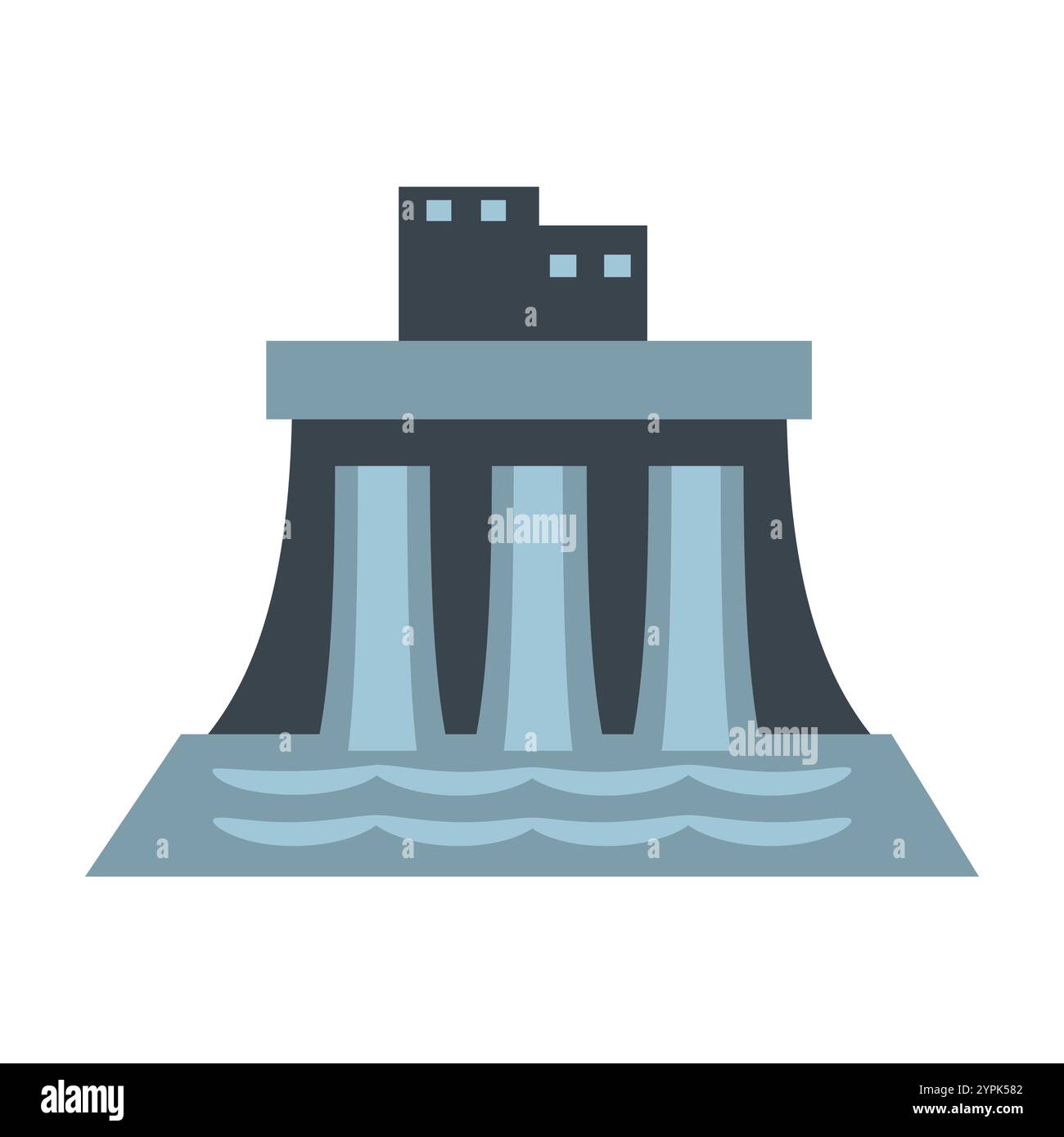 Illustrazione stilizzata di una diga idroelettrica con acqua che scorre attraverso le sue porte, simboleggiando l'energia rinnovabile e la generazione di energia. Ideale per l'energia Illustrazione Vettoriale