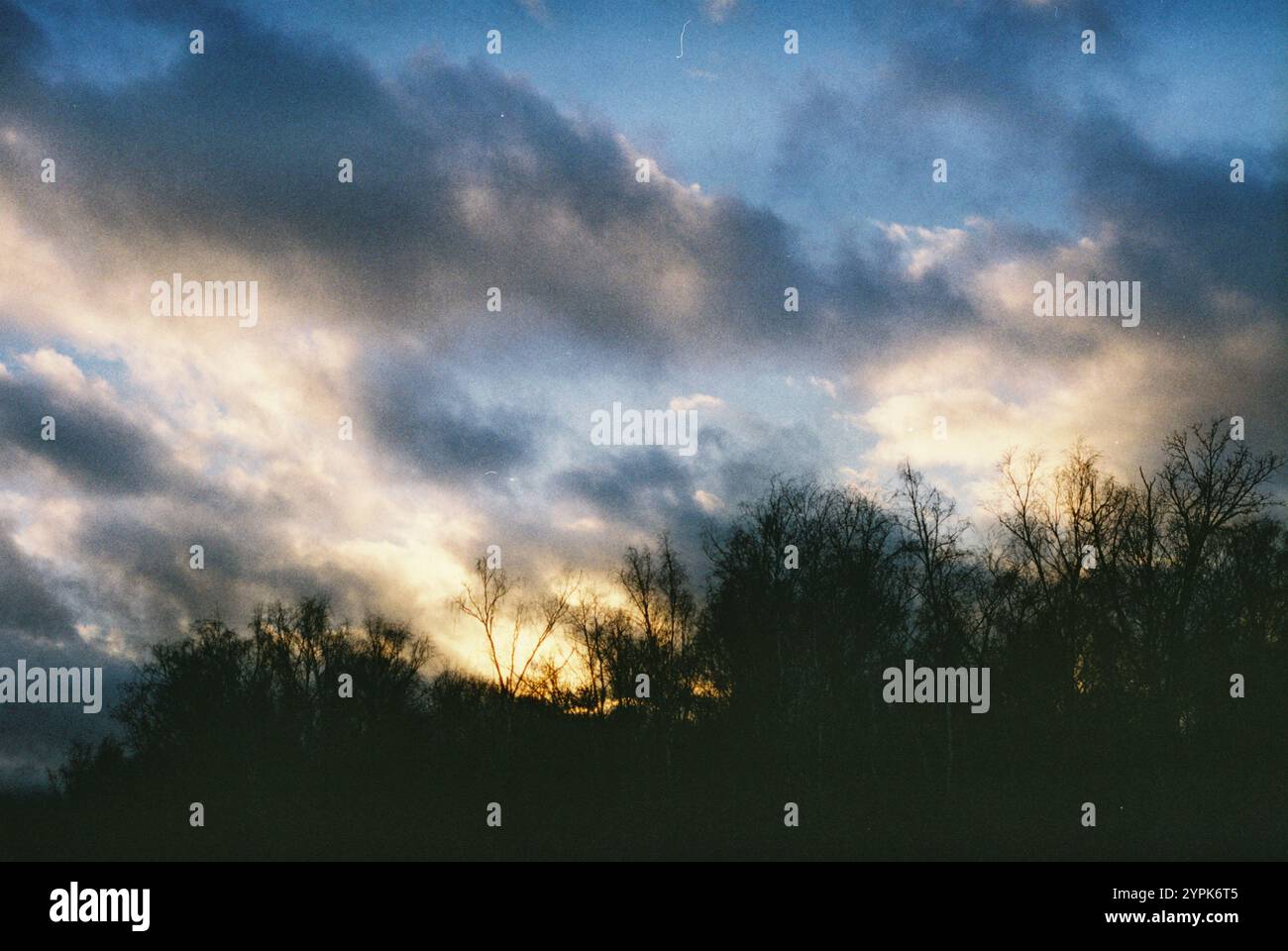 Il tramonto e le nuvole sulla foresta creano un ambiente tranquillo al crepuscolo Foto Stock