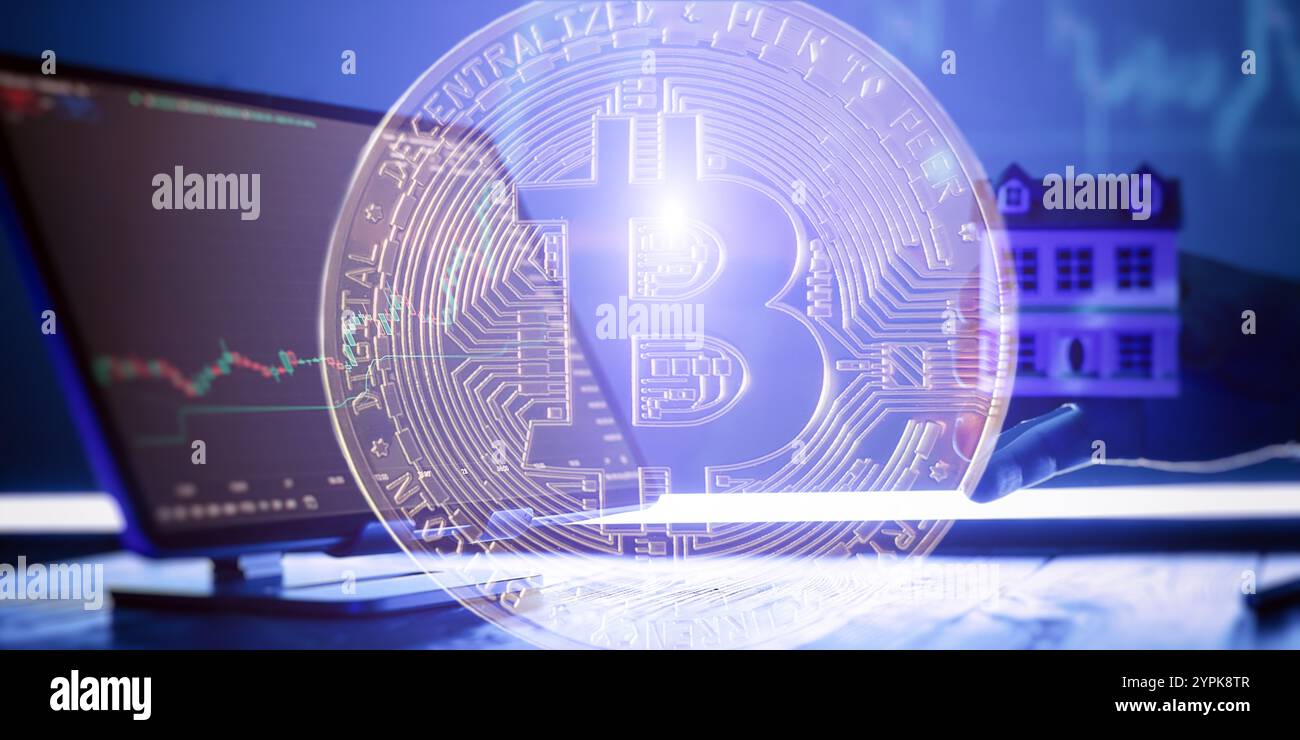 Bitcoin e concetto di investimento immobiliare integrazione di criptovaluta con le tendenze del mercato azionario e simbolismo immobiliare in un futuristico Foto Stock