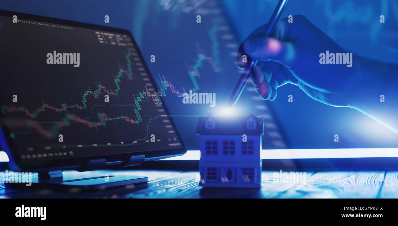 Analisi degli investimenti immobiliari e del mercato azionario 2025 Hand with Stylus evidenzia le opportunità di crescita nel settore immobiliare Foto Stock