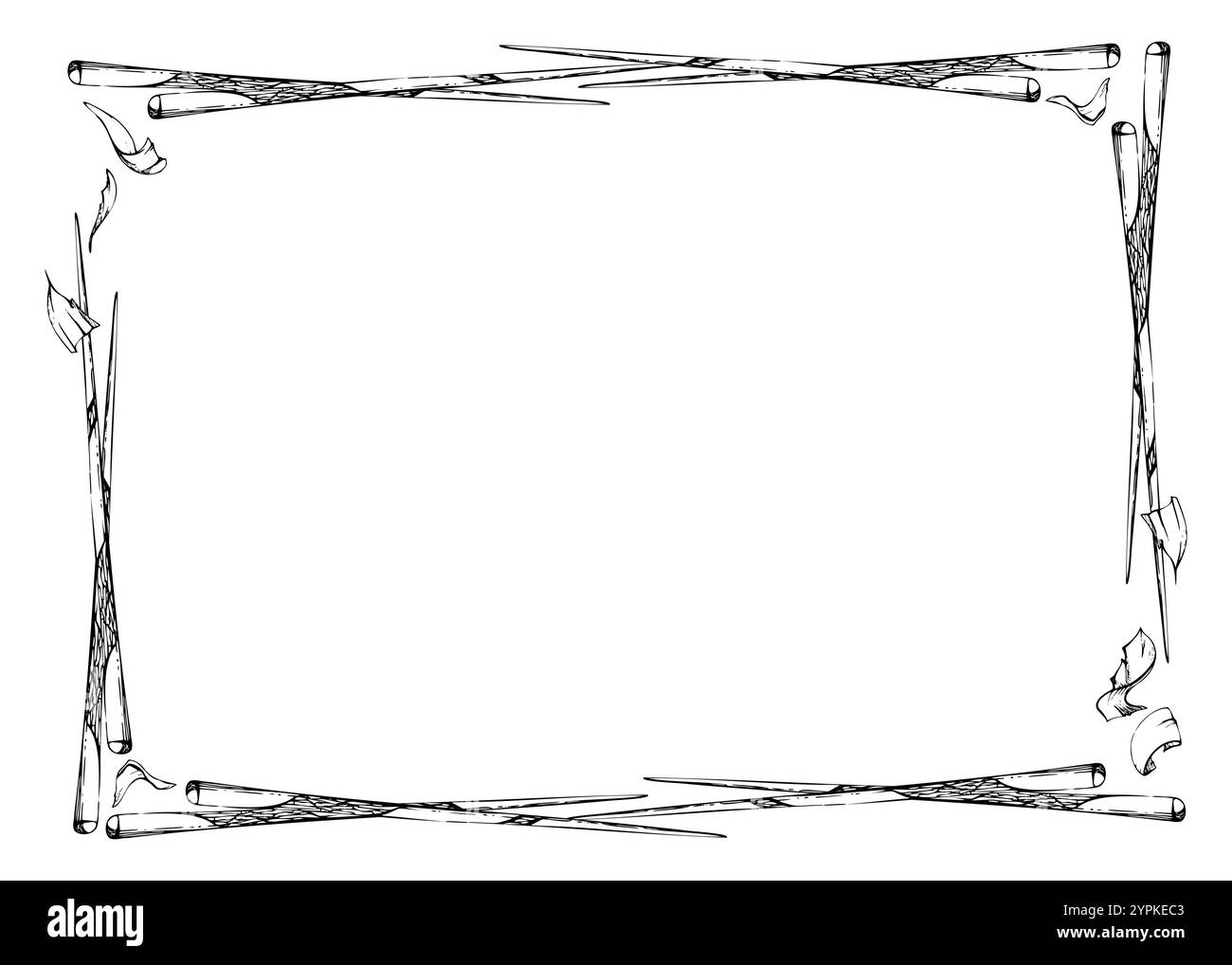 Bacchette cinesi giapponesi, utensili laccati di plastica di bambù in legno per mangiare cucinare, disegnati a mano in spruzzi di penna vettoriale e inchiostro. Cornice bordo per Illustrazione Vettoriale