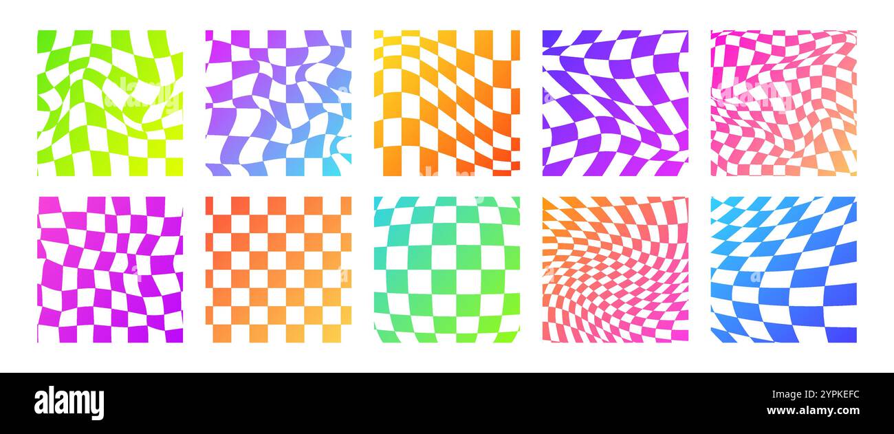 Scacchiera psichedelica. Set di sfondi hippie al neon Groovy anni '70. Carta da parati a scacchi Trippy. Illustrazione vettoriale retrò in stile Y2K. Eccentrico distorto Illustrazione Vettoriale