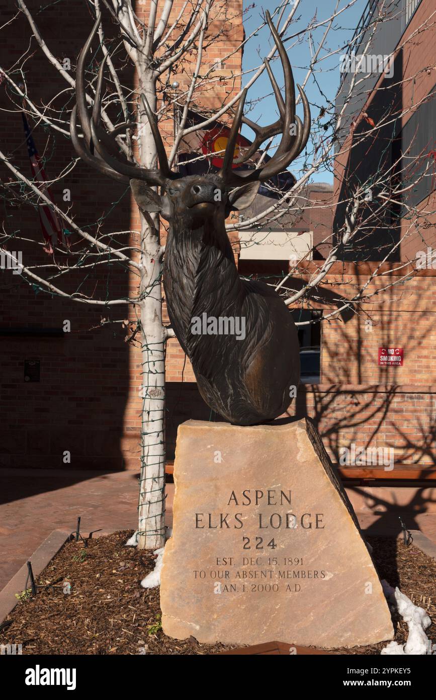 Scultura, busto di alce, montata su pietra di fronte a Elks Lodge 224,1891, Aspen, Colorado, Stati Uniti. Foto Stock