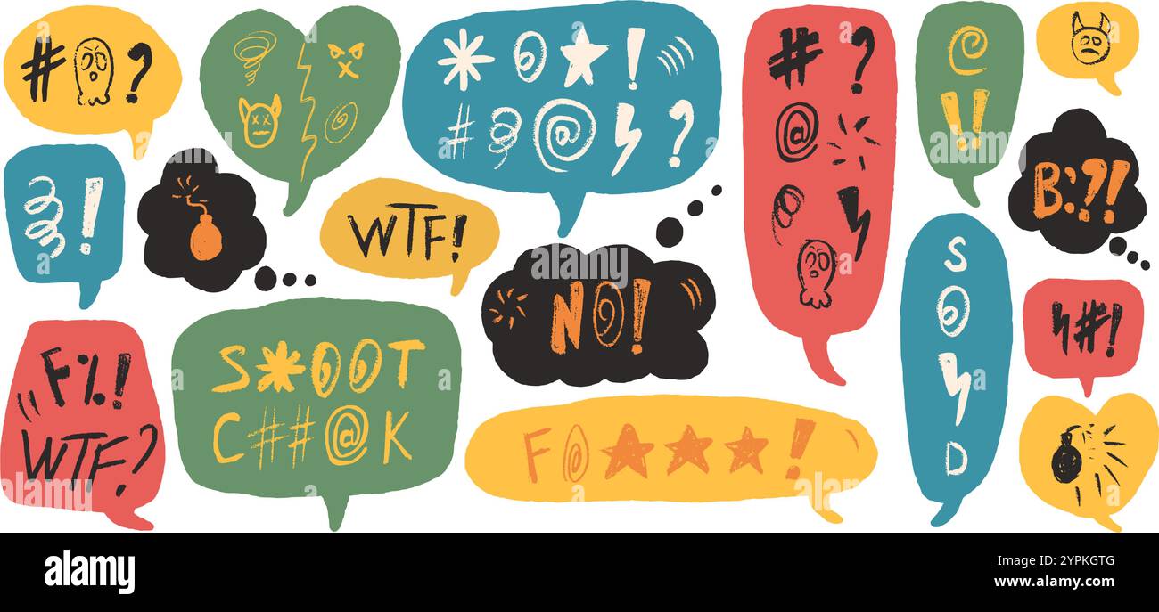 Bolle di voce con parole giurate. Maledizione colorata di un pastello per disegnare il testo di doodle. Espressione di emozione errata nelle finestre di dialogo della chat. Segni di odio aggressivi isolati su sfondo bianco. Illustrazione vettoriale Illustrazione Vettoriale